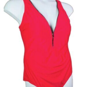 Swimsuits For All One Piece Swimsuit Red 18 Zip Front Mesh Sporty Sleek